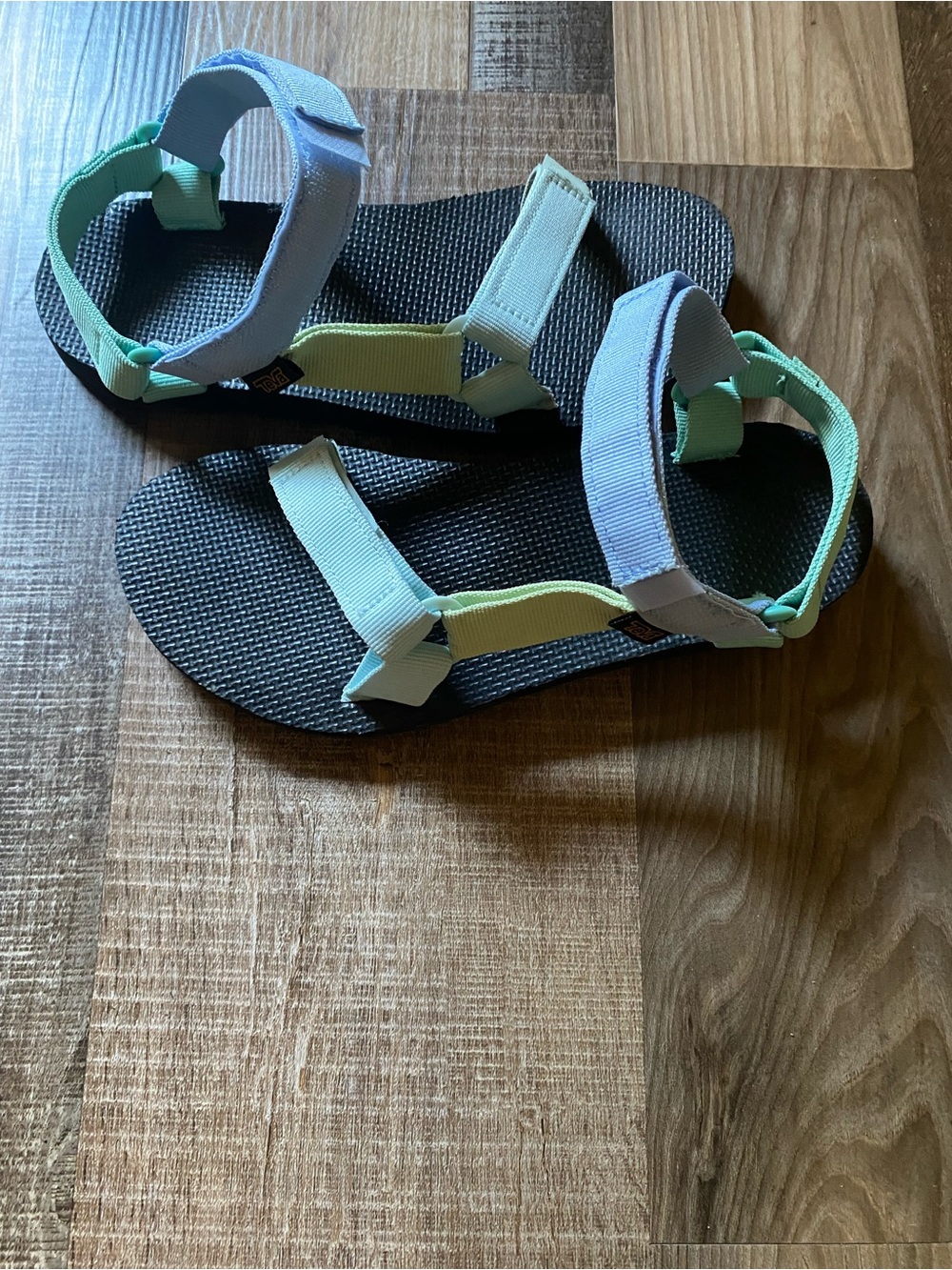 Teva Black Sandal with Mint Green and Pastel Yellow Straps